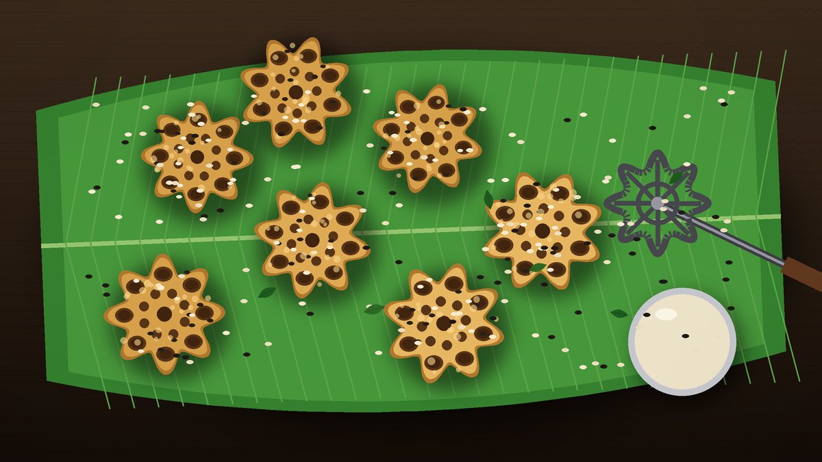 Illustration of golden flower-shaped Kerala achappam rose cookies on a banana leaf beside a long-handled rosette mould, a bowl of batter and scattered sesame seeds