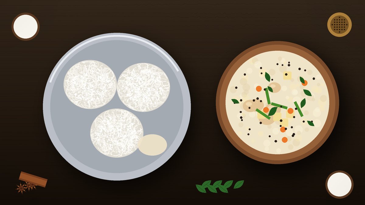Illustration of soft white idiyappam rounds topped with grated coconut on a steel plate, beside a bowl of creamy Kerala chicken stew with potato, carrot, green chillies and curry leaves