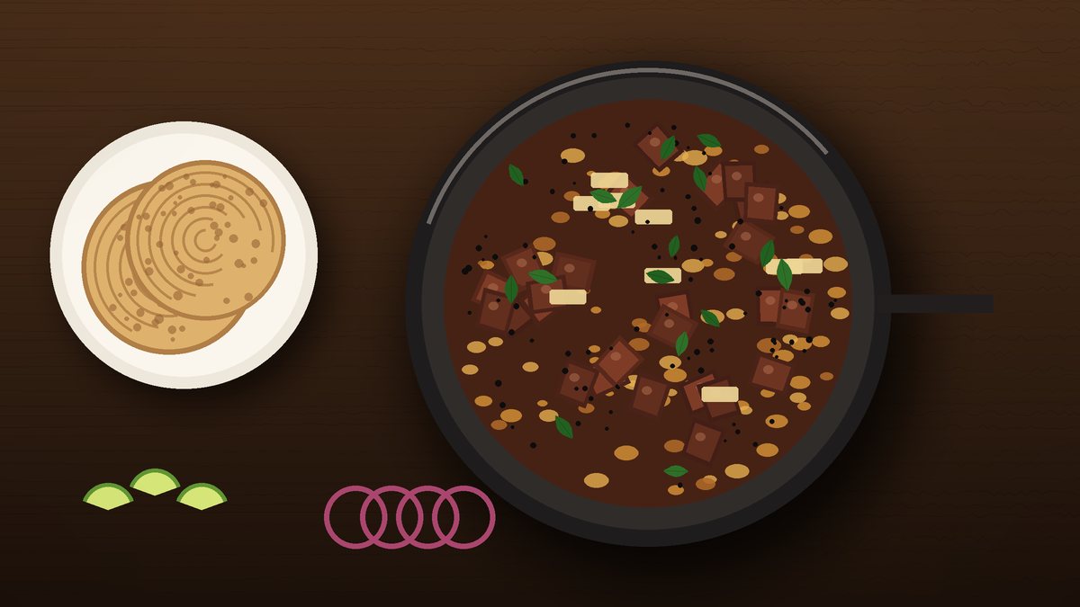 Illustration of a black iron kadai of dark glossy Kerala beef liver fry with golden onions, coconut slices, curry leaves and crushed pepper, beside a plate of layered parotta and lime wedges