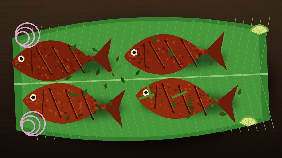 Illustration of four whole fried mackerels with a dark red masala crust on a banana leaf, with crisp curry leaves, lime wedges, onion rings and green chillies