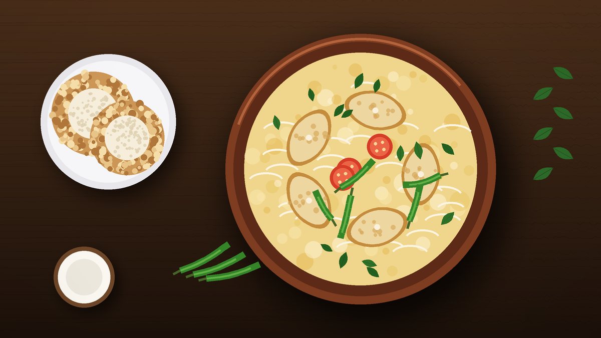 Illustration of a clay pot of pale yellow Kerala fish molee with golden fish steaks, tomato slices, green chillies and curry leaves, beside a plate of two lacy appams and a halved coconut