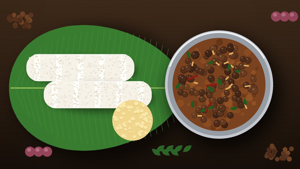 Illustration of steamed puttu on a banana leaf beside a bowl of brown Kerala kadala curry with black chickpeas and a pappadam