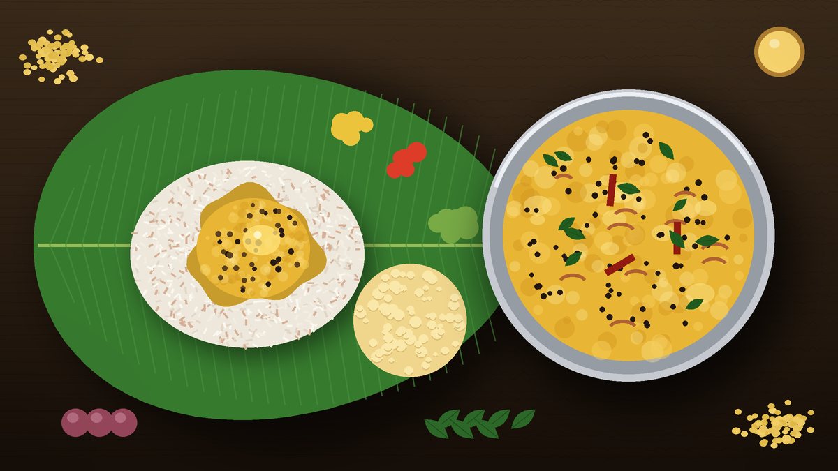 Illustration of a banana leaf with white rice topped with yellow Kerala parippu curry, ghee and a pappadam, beside a steel bowl of moong dal curry with curry leaves and red chillies